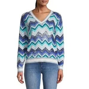 Minnie Rose multicolor reverse chevron cotton cashmere blend v-neck sweater